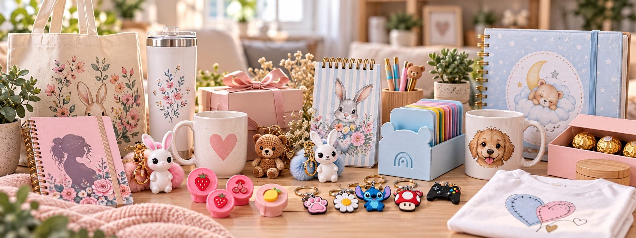 DreamCraft Studio product range: personalised mugs, tumblers, notebooks, tote bags, keyrings and gift boxes